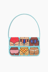 TOMMY beaded beach bag front panel with colorful tile motifs and top handle