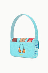 TOMMY beaded beach bag in turquoise with handle, taco patch front