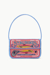 Light blue beaded mini bag with curved handle and pink embroidered front panel