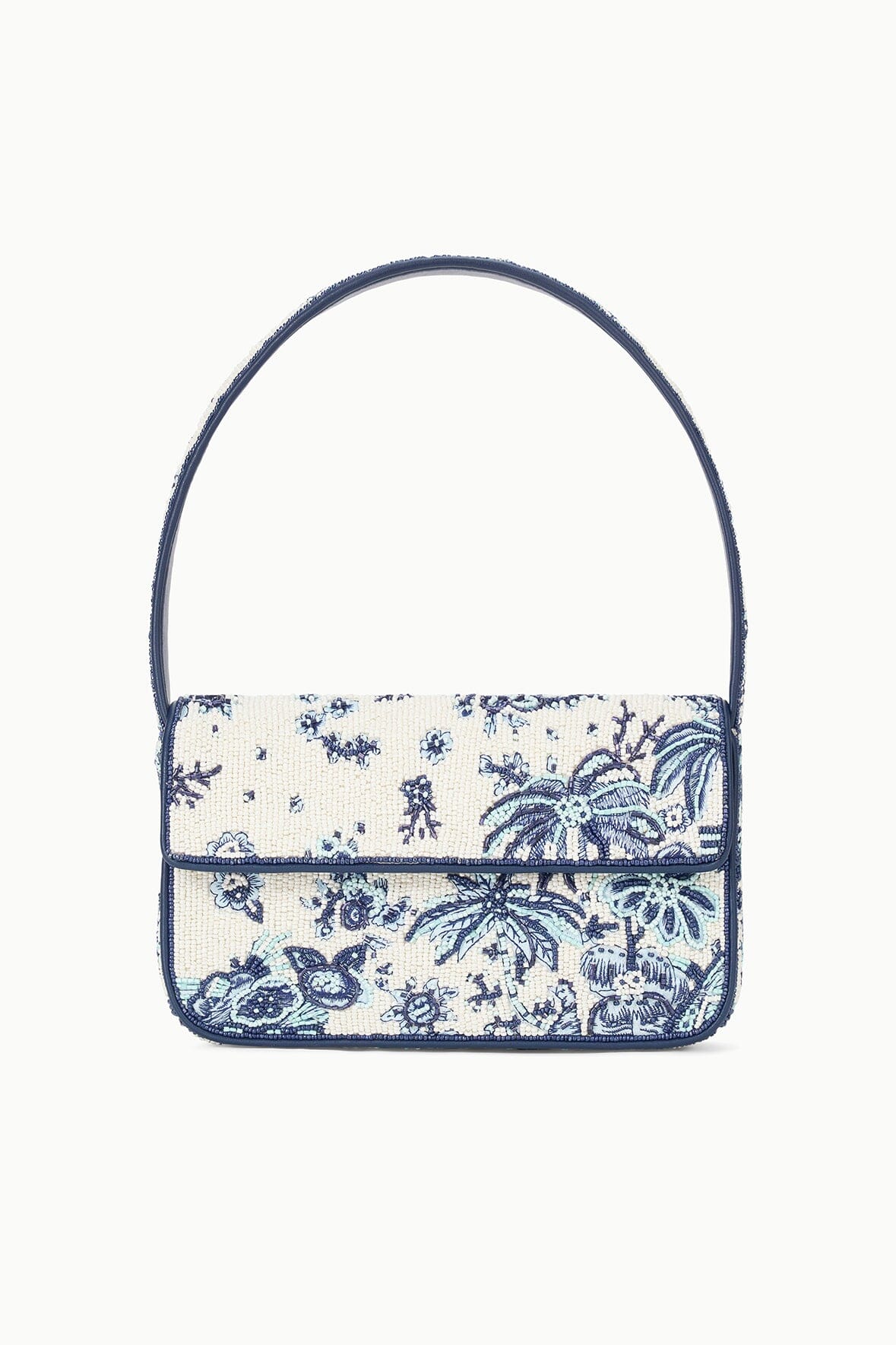 Front view of small blue-and-cream toile beaded bag with top handle