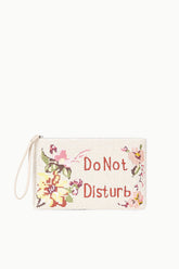 Beaded large pouch with floral “Do Not Disturb” text and wrist handle