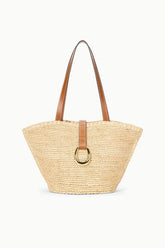 Natural tan woven tote bag with tan leather handles and center O-ring