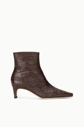 Espresso-brown croc-texture ankle boot with slim heel and pointed toe