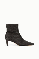 Dark espresso woven leather ankle boot with pointed toe and slim low heel