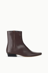 Espresso brown leather flat ankle boot with sleek side profile and block heel
