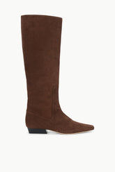 Wally flat suede boots, mahogany brown, full side profile with low block heel.