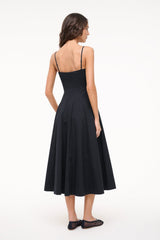 Black spaghetti-strap midi dress with exposed back and fitted bodice