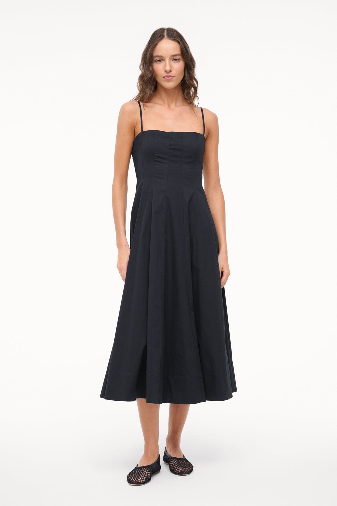 Black spaghetti-strap midi dress with square neckline and flared skirt