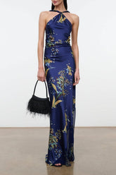 Midnight silk halter maxi dress with gold floral print and ruched waist
