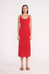 Red sleeveless midi shift dress with scoop neckline and fitted bodice.