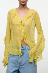 Citron yellow sheer ruffle V-neck top with tie-front, long sleeves, and layered frills