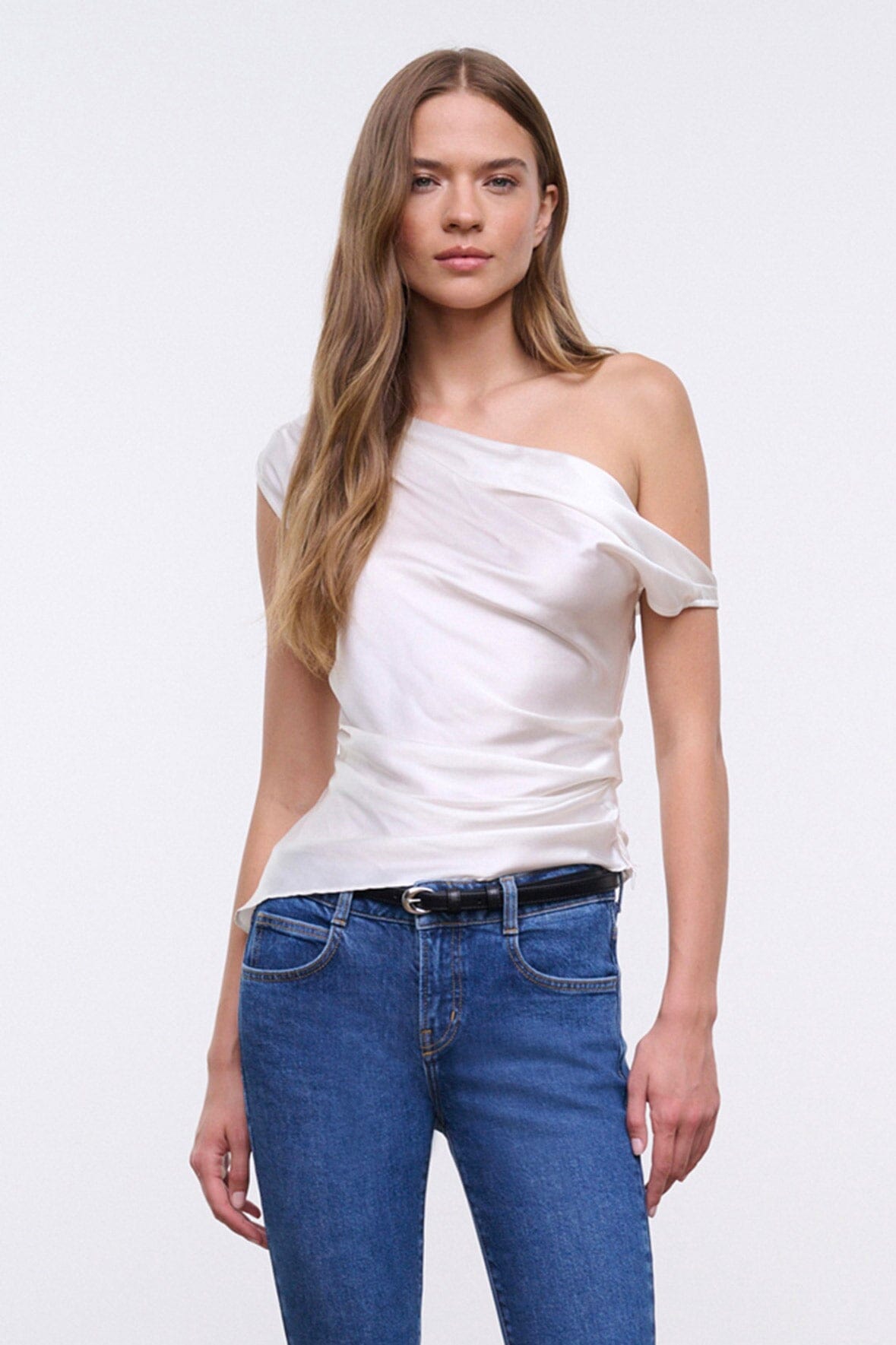 Ivory one-shoulder draped silk top with folded shoulder edge