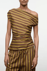 Draped one-shoulder top with brown and tan cigar stripe pattern