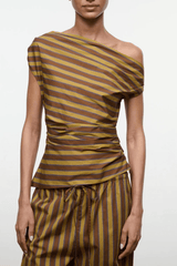 Draped one-shoulder top with brown and tan cigar stripe pattern