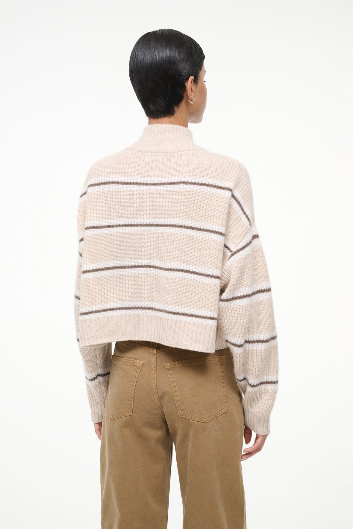 Back view of cropped cashmere sweater with whisper stripe ribbed collar
