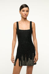 LE SABLE dress, sleeveless black sequin with square neckline and skyline hem detail
