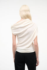 Ivory knit sweater, draped cowl neck, short sleeves, back view