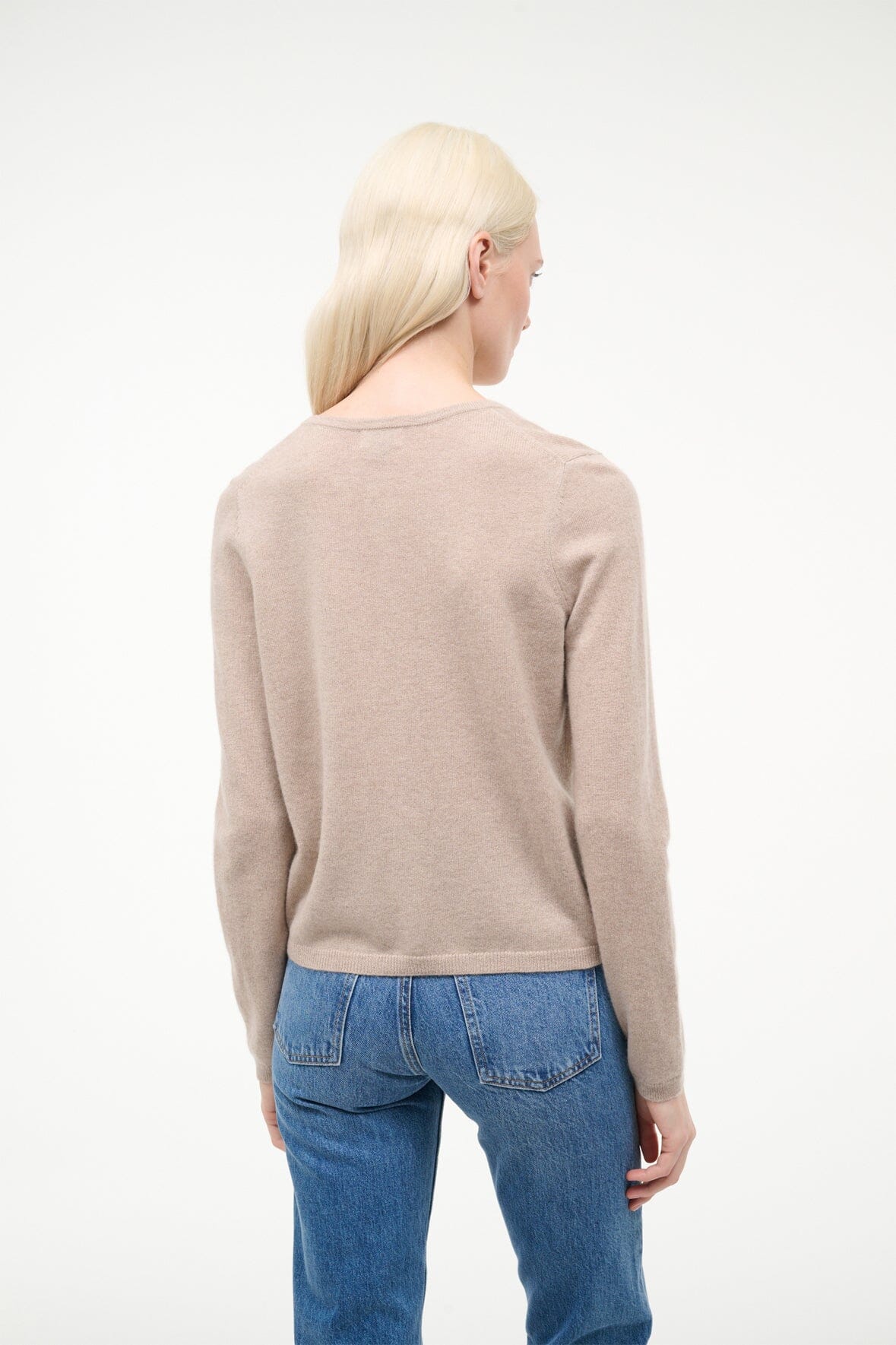 Stone cashmere cardigan back view with button placket