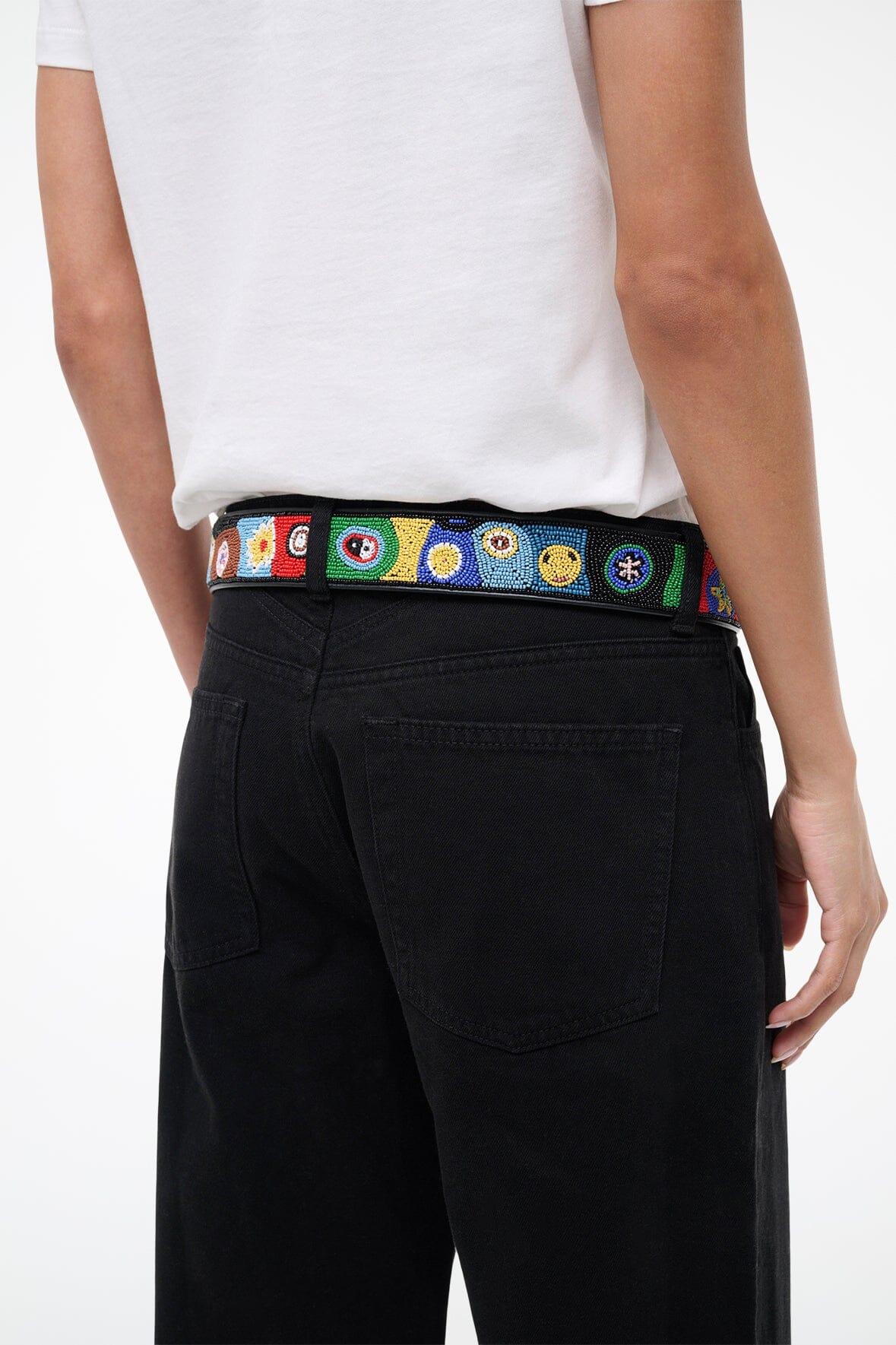 Beaded millefiori belt with black strap and colorful woven decorative band