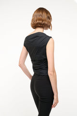 Black sleeveless draped back top with asymmetric neckline