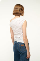 PHARE white one-shoulder draped top with open back detail