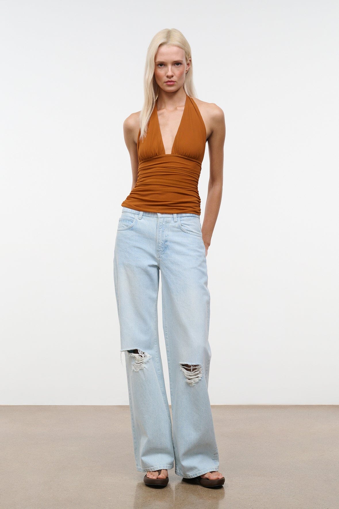 Halter ruched top in cocoa-brown with V-neck and gathered front waist