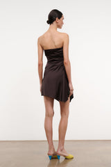 Back-view strapless ruched satin mini dress in dark brown with draped crossover