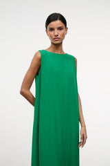 Green sleeveless maxi silk dress with round neckline and straight cut