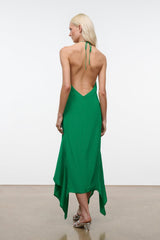 Bianca silk dress in Kelly green, back halter straps, sleeveless, asymmetric hem