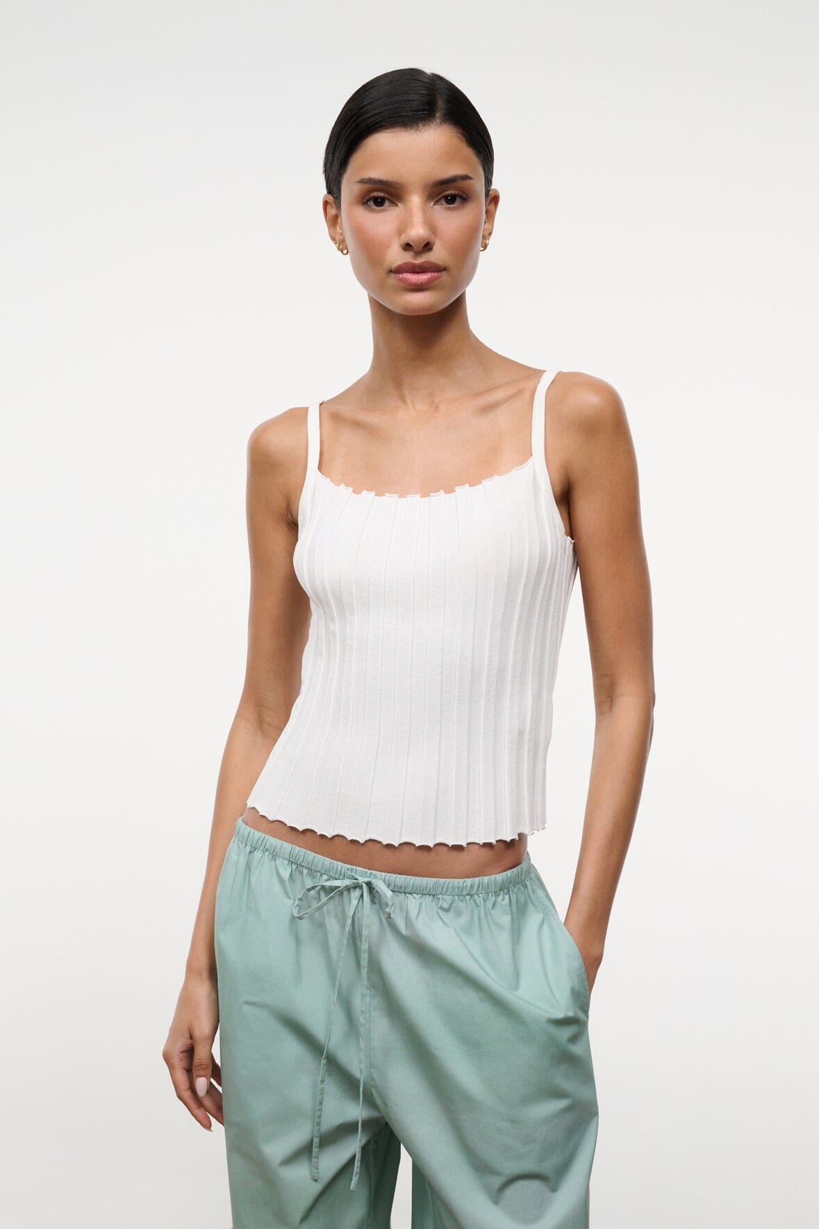 SKYE ivory ribbed tank with scalloped neckline and thin shoulder straps