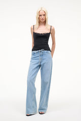 Black silk camisole top with lace-trimmed bust and spaghetti straps, slim fit