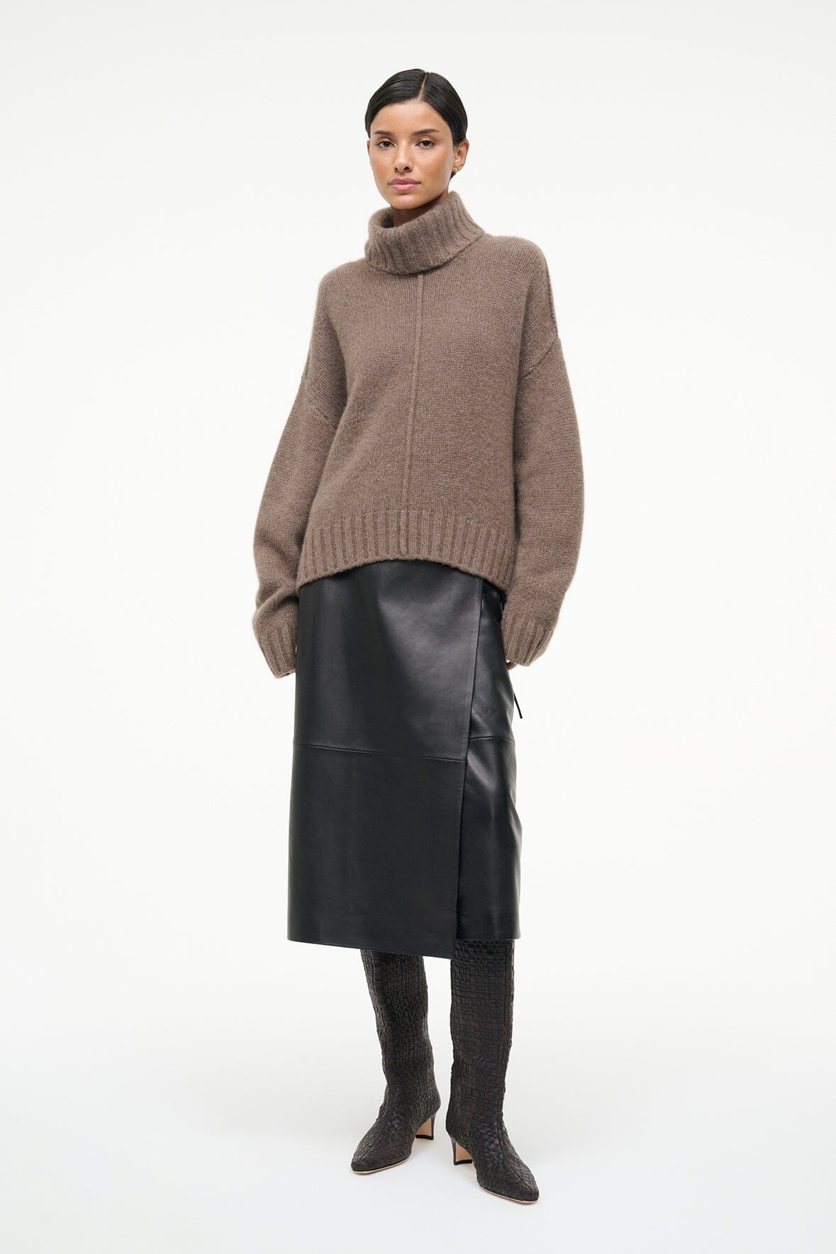 Tall woven leather boots, dark espresso brown, mid-calf height with low heel.