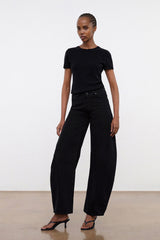 Black denim jeans waistband with button closure and belt loops