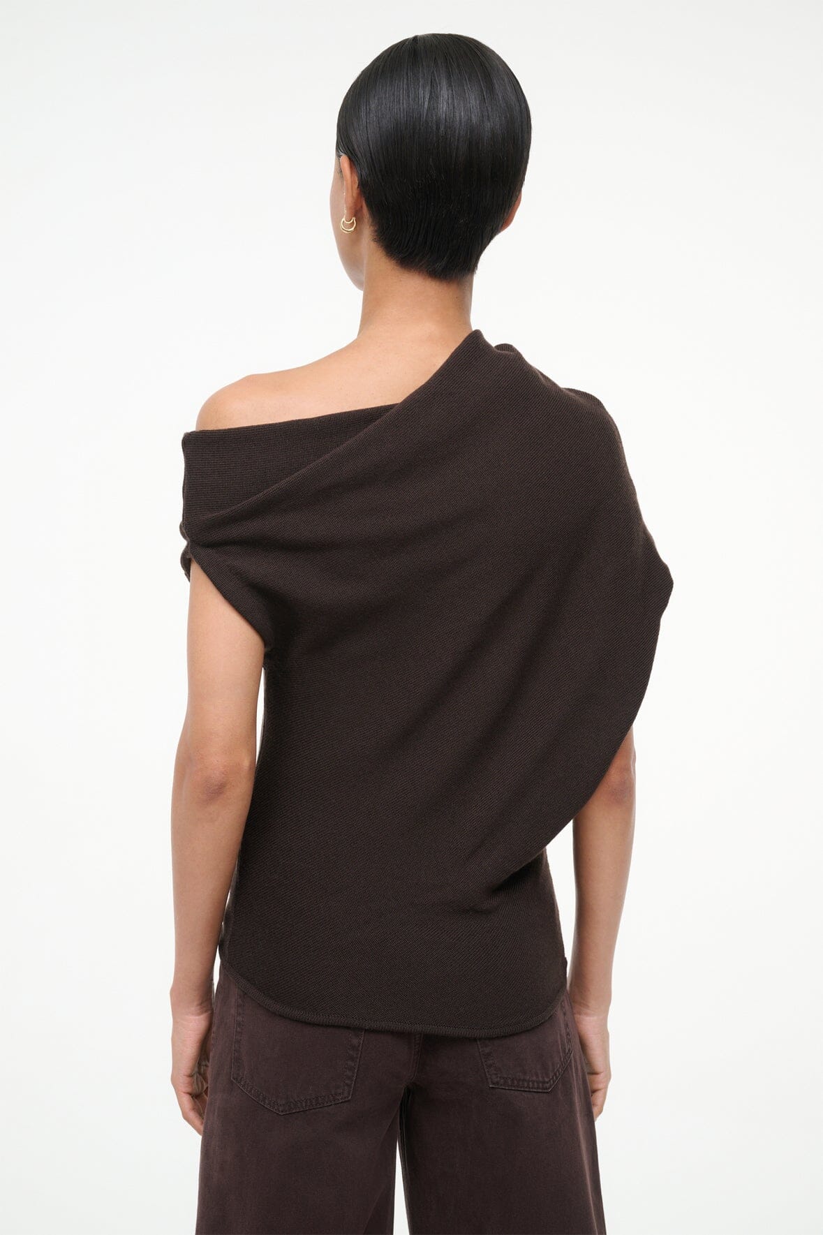 Back view of draped MABEL sweater in dark brown with cowl neckline