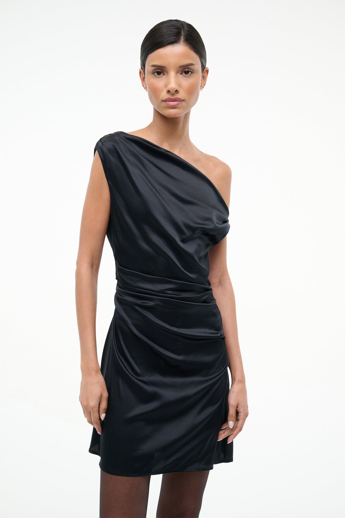Black satin mini dress with one-shoulder neckline and ruched draped panel