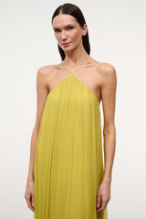 Citron yellow halter maxi dress with halter neckline and gathered, pleated bodice
