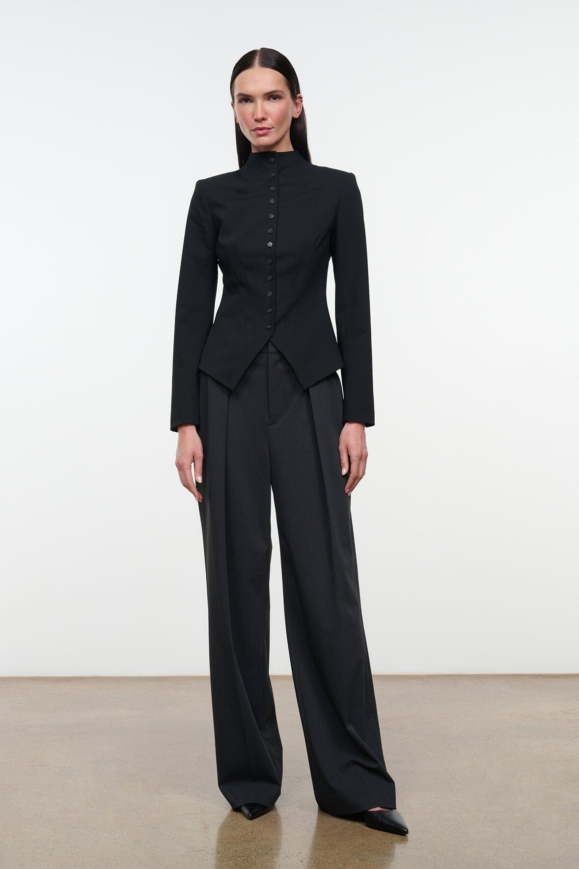 Tailored wide-leg pants in dark charcoal, front pleats and zip fly