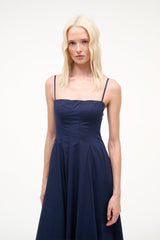 Navy sleeveless fit-and-flare dress with thin straps and ruched bodice
