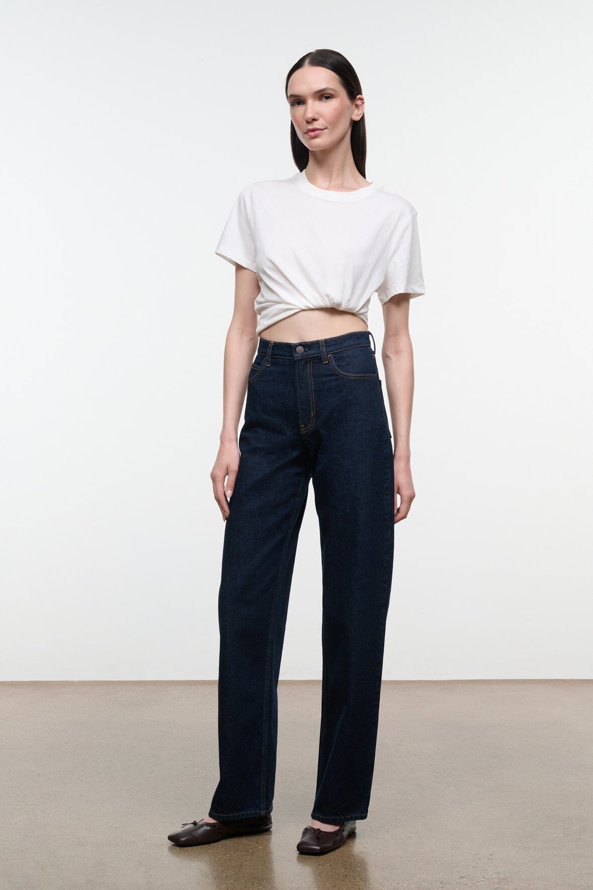 LEO high-rise indigo jeans, full length front view with dark wash