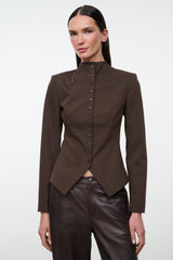 Women's brown fitted jacket with stand collar, button front, and asymmetric hem