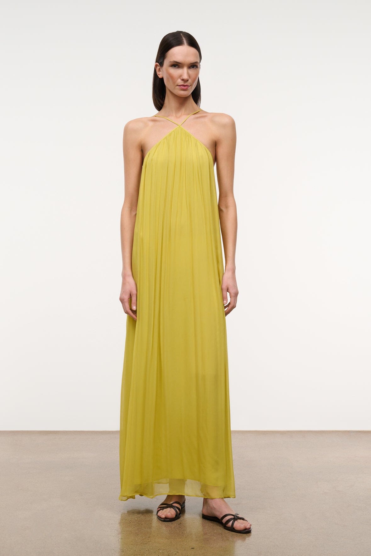 Citron yellow halter maxi dress with pleated chiffon and crisscross open-back straps