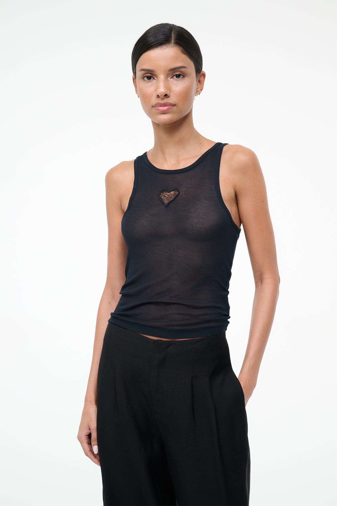 Black sleeveless tank top with small chest cutout