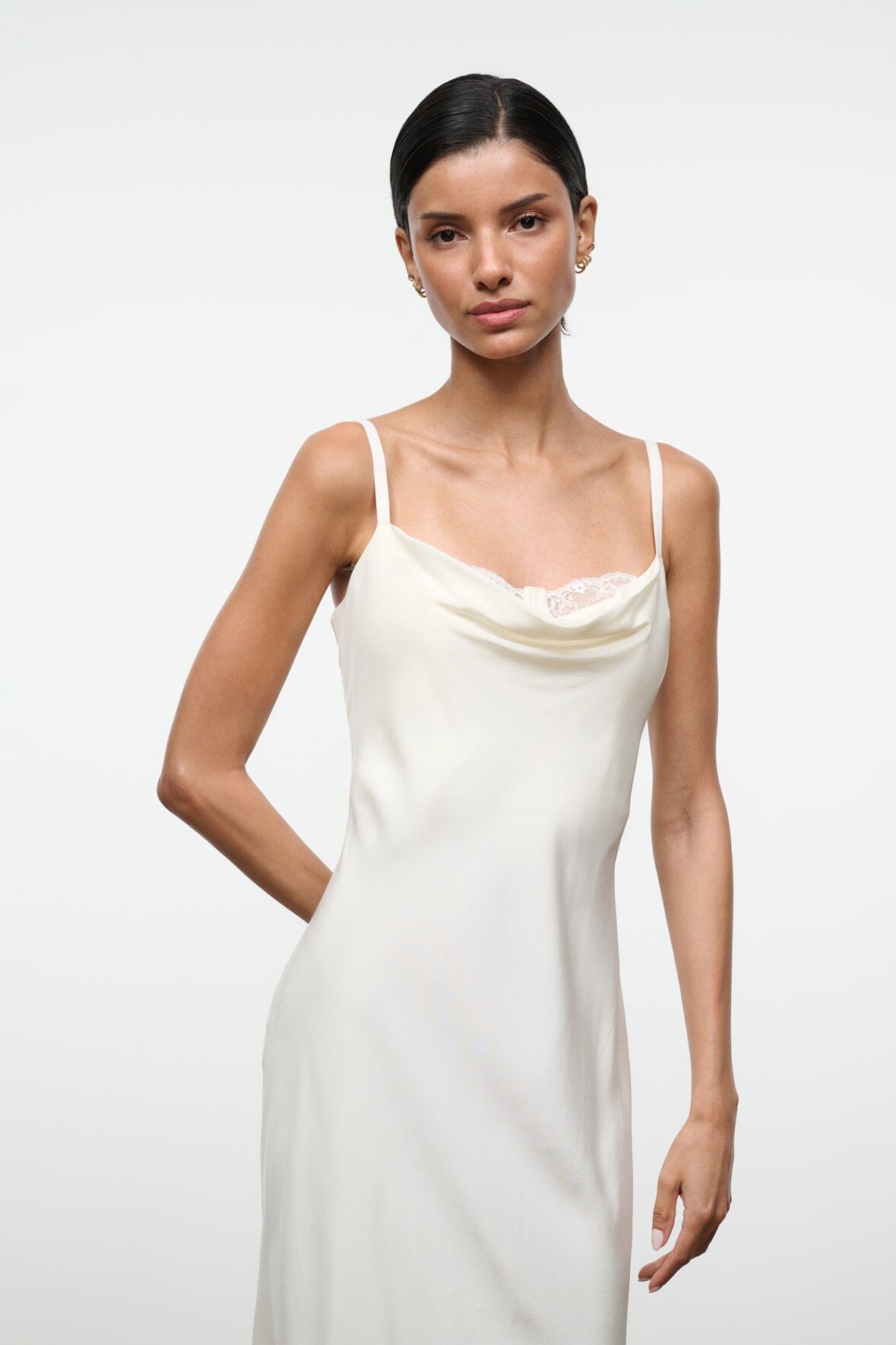 Ivory silk midi slip dress with lace-trim scoop neckline and narrow straps
