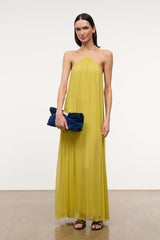 Citron yellow halter maxi dress with pleated fabric and crisscross open-back straps