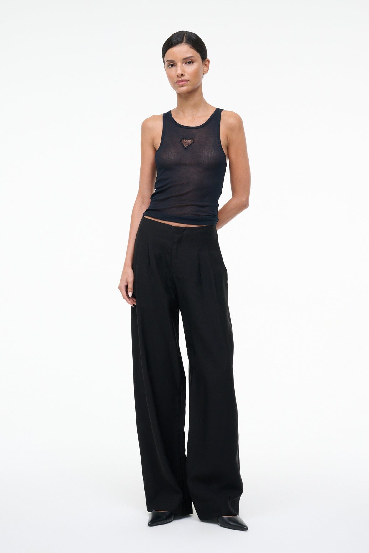Black sleeveless tank top with scoop neck and racerback
