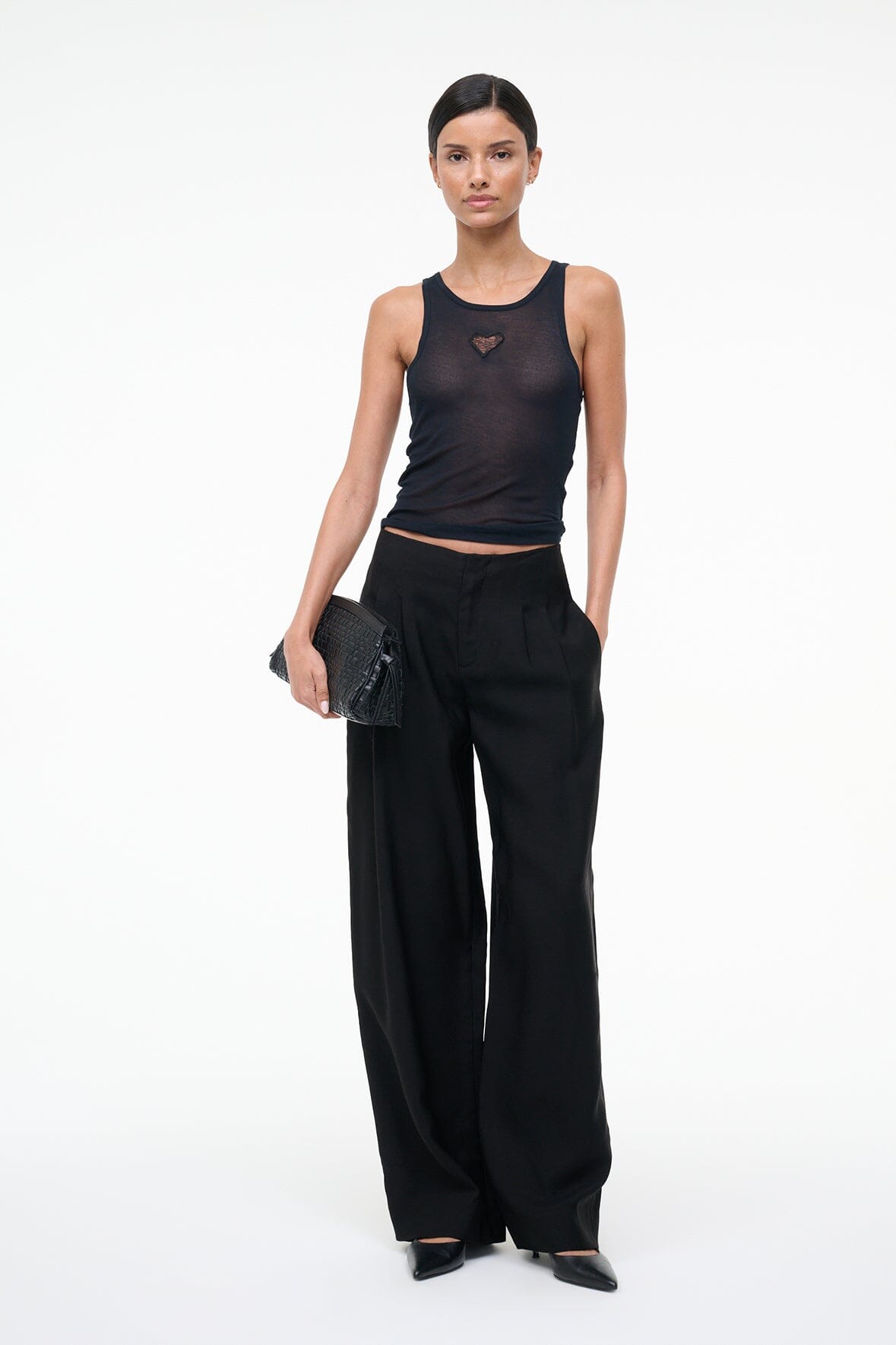 Black high-rise wide-leg trousers with straight wide legs and side pockets