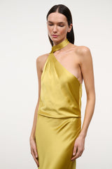 Citron yellow satin halter dress with halter wrap neckline and draped front