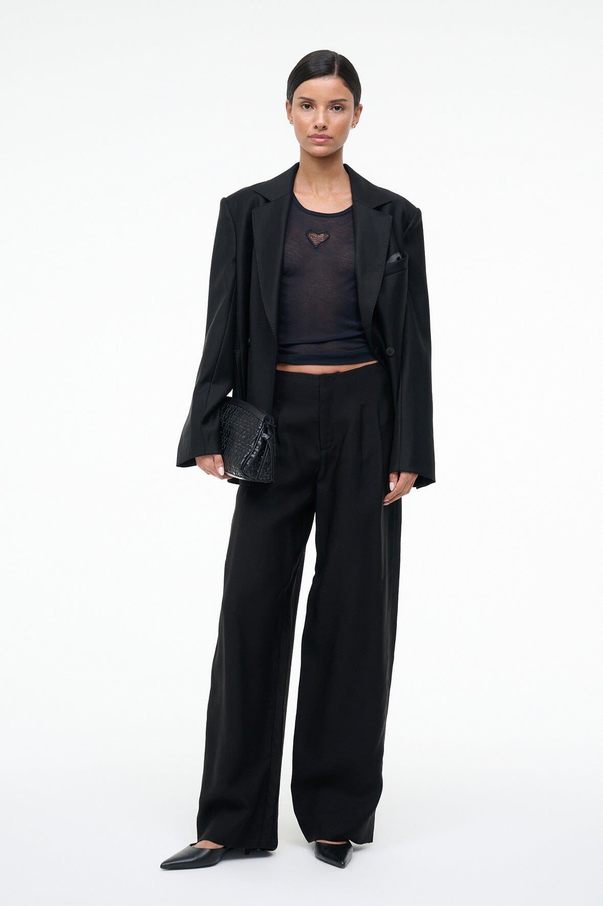 Black high-rise wide-leg trousers with concealed fly and side pockets