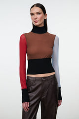 Mock-neck color-block long-sleeve top with brown front panel and black midsection