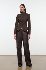 Women's brown fitted jacket with stand collar and button front, tailored waist shape